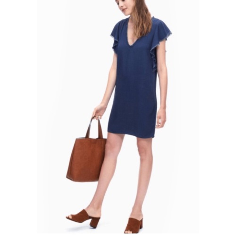 Splendid Crosshatch Dress Women Size XS Blue Denim Chambray Ruffle Sleeve Short